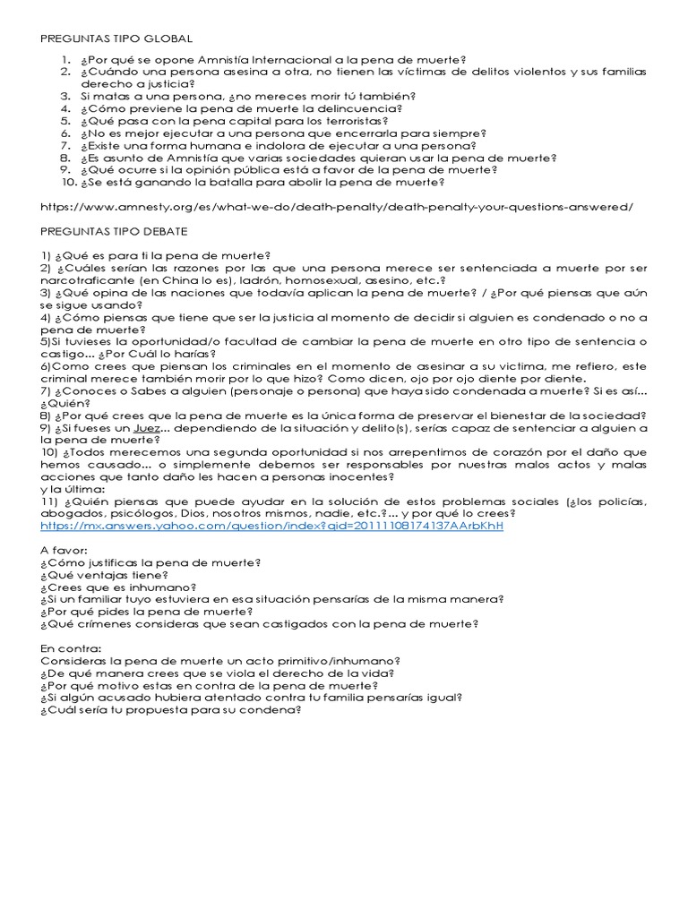 Preguntas DEBATE Pena de Muerte Pena