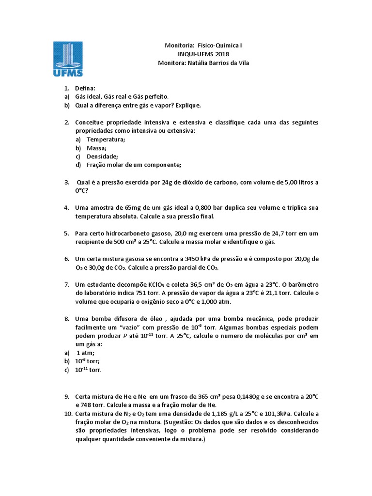 Lista de Exercicios de Fisico Quimica | PDF | Gases | Oxigênio
