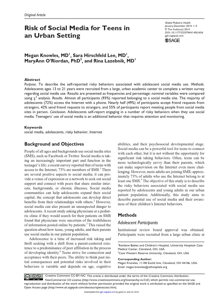 Risk of Social Media For Teens in An Urban Setting | PDF | Adolescence ...
