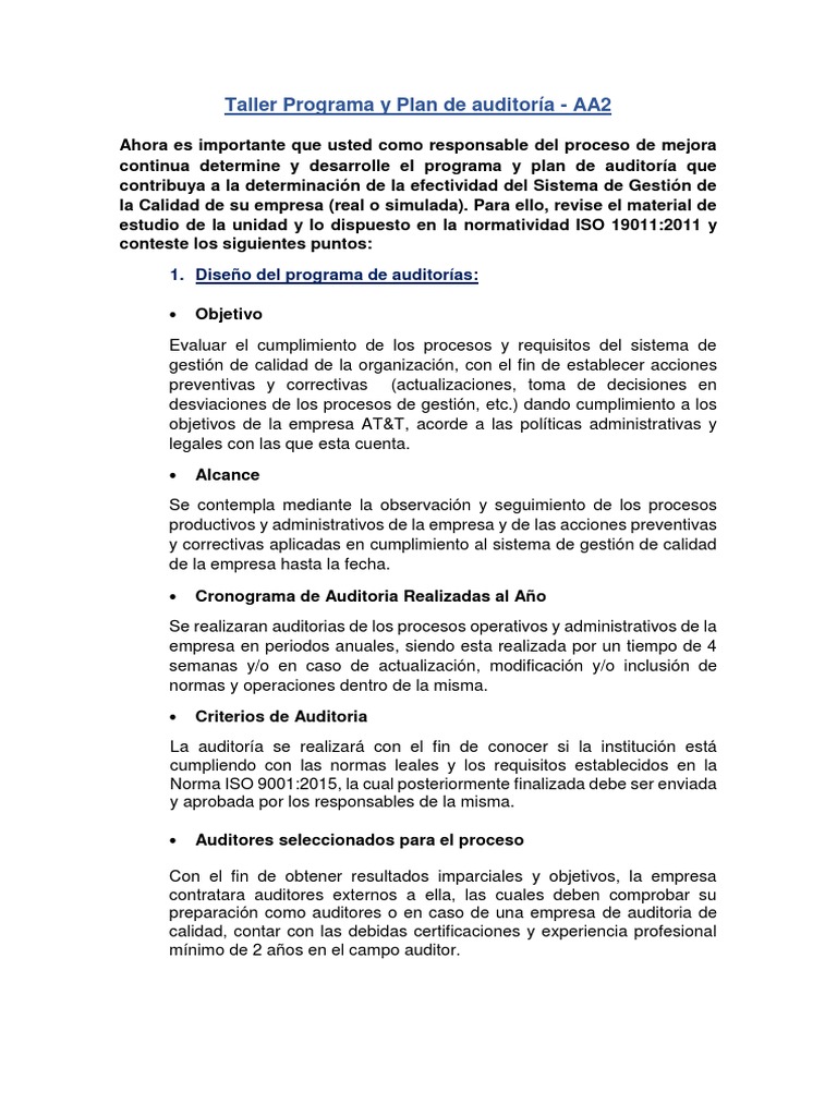 Taller Programa y Plan de Auditoría | PDF | Calidad (comercial) | Contralor