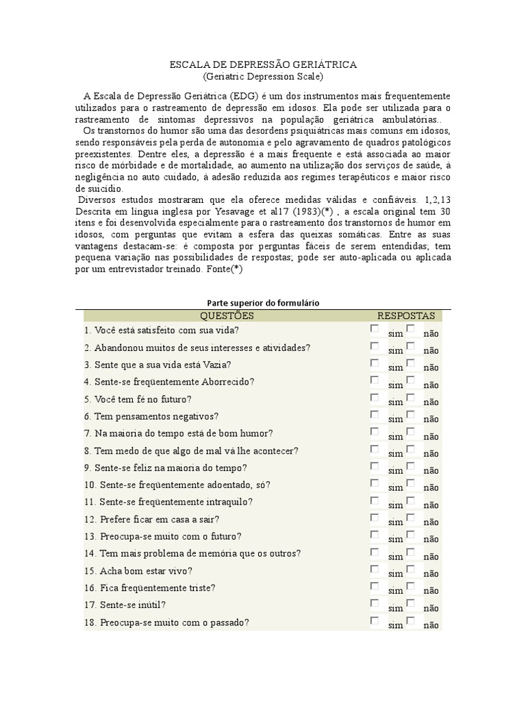 Escala de Depressão Geriátrica | Depressão | Bem-estar