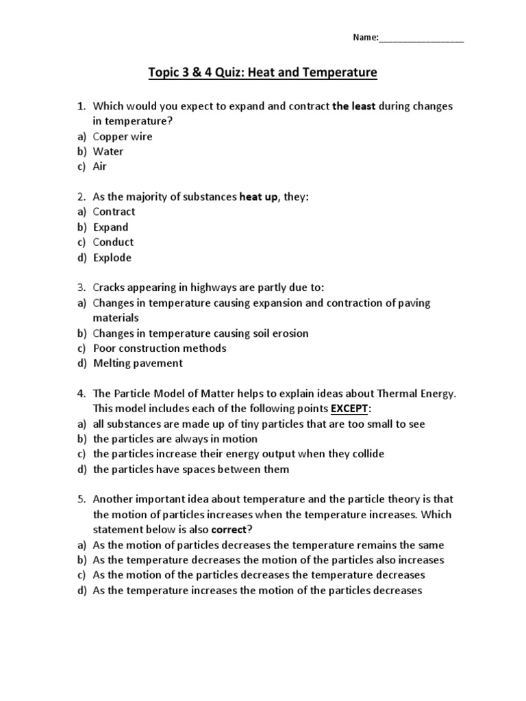 Topic 3 and 4-Quiz | PDF | Temperature | Heat