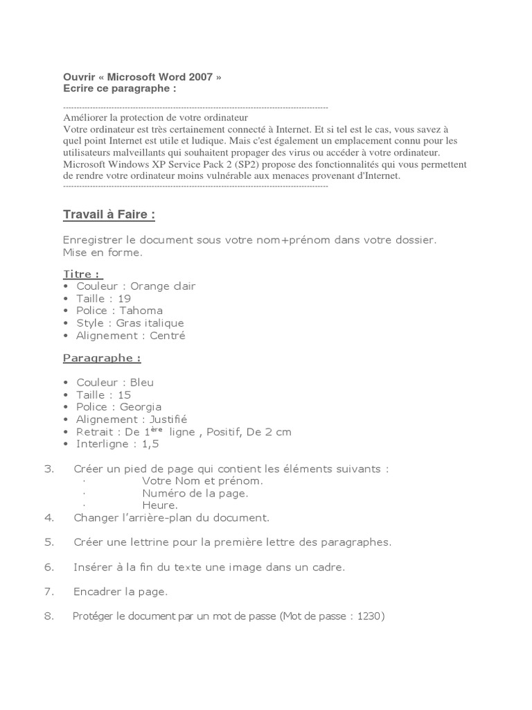 Travail A Faire Ouvrir Microsoft Word 2007 Ecrire Ce