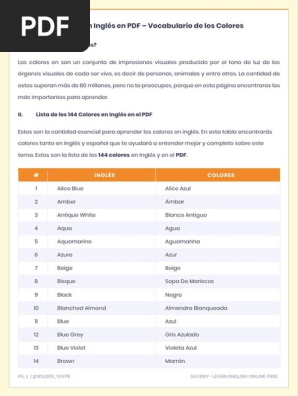 Colores En Inglés En Pdf Vocabulario De Los Colores Cian