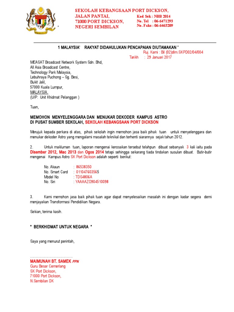 Contoh Surat Laporan Kerosakan Astro