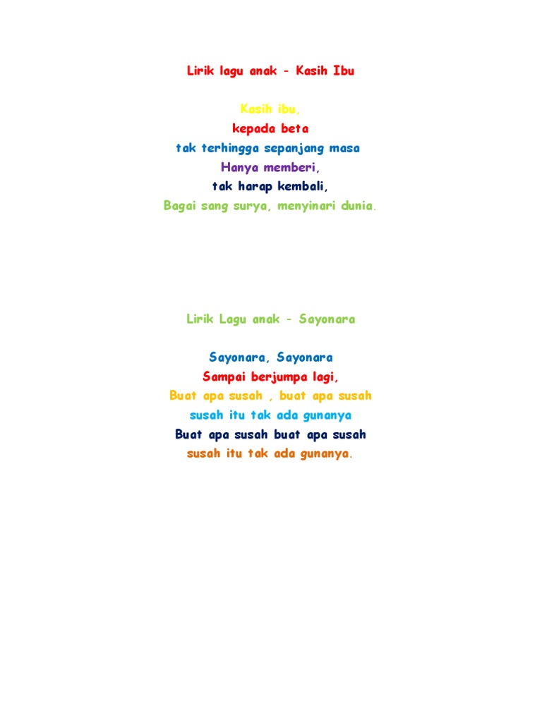 Lirik Lagu Anak Kasih Ibu