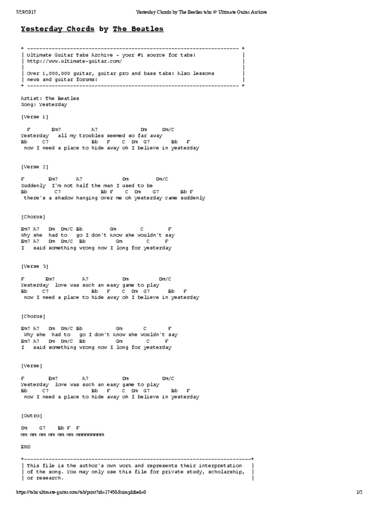 Yesterday by The Beatles Tabs at Ultimate Guitar Archive | PDF | Rock Songs | Song Structure