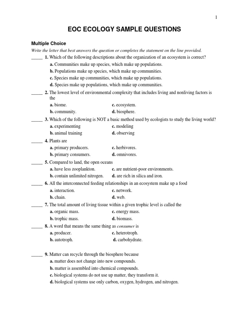Eoc Ecology Sample Questions PDF PDF Ecology Food 