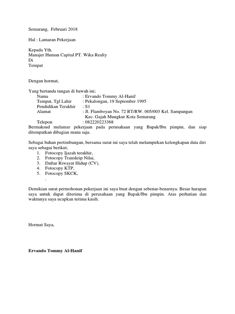 Contoh Surat Lamaran Kerja Xls