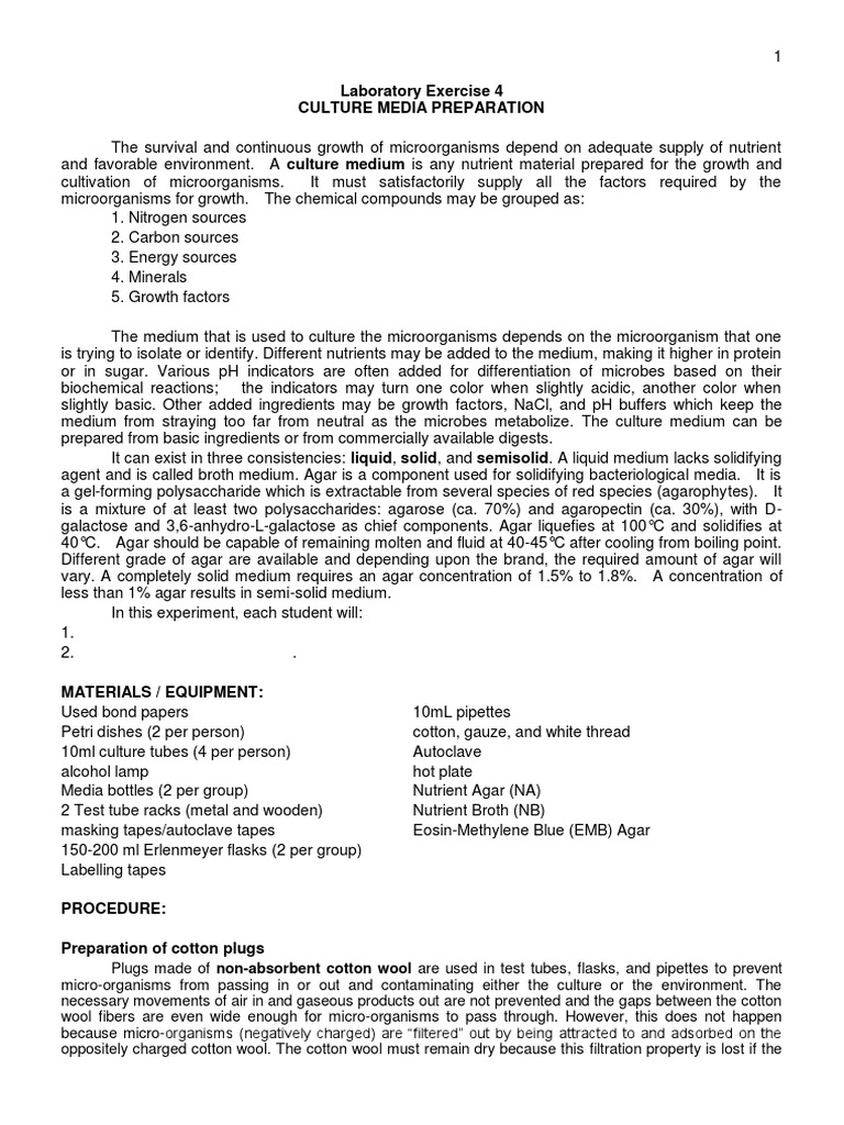 Bio 120.1 Exercise 4 Culture Media Preparation PDF Growth Medium