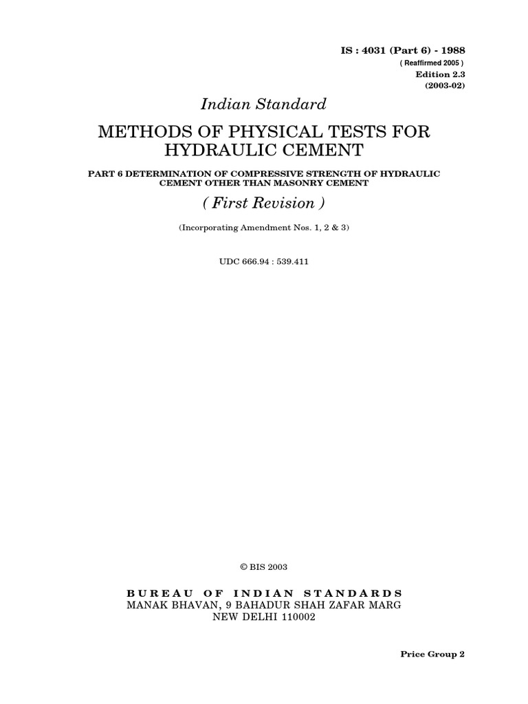 Methods of Physical Tests For Hydraulic Cement Indian Standard PDF Weight Cement