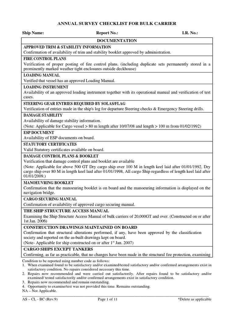 Annual Survey Checklist For Bulk Carrier | PDF | Ships | Boiler