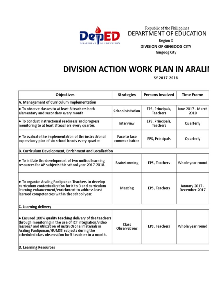 2017 Division Action Plan In Araling Panlipunan Teachers Curriculum