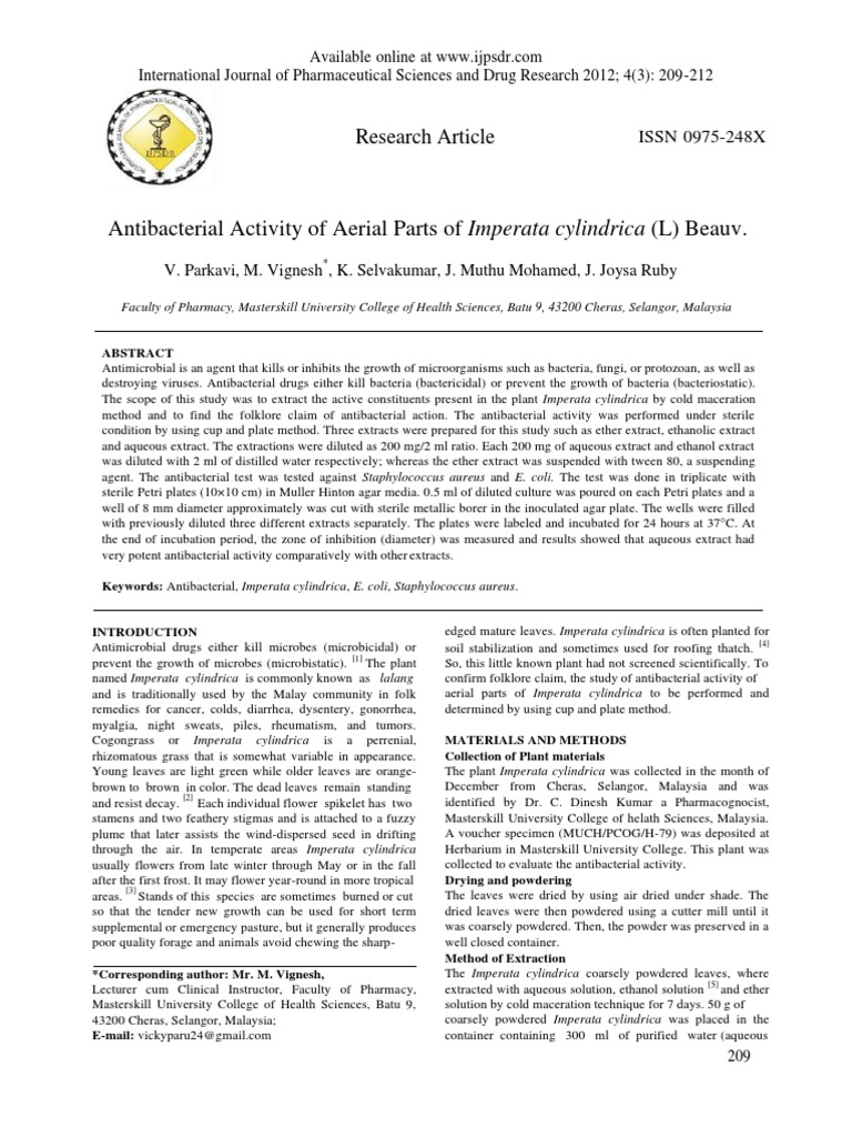 Antibacterial Properties of Cogon Grass PDF Growth Medium Antibiotics