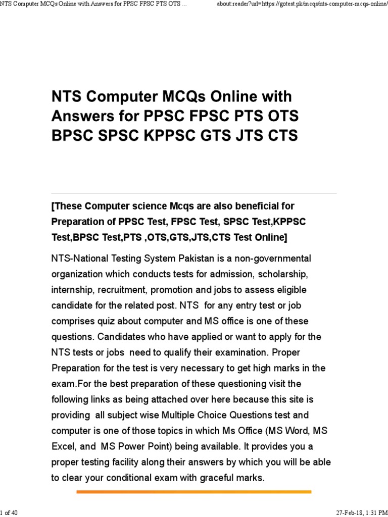 Nts Computer Mcqs Online With Answers For PPSC FPSC Pts Ots BPSC SPSC