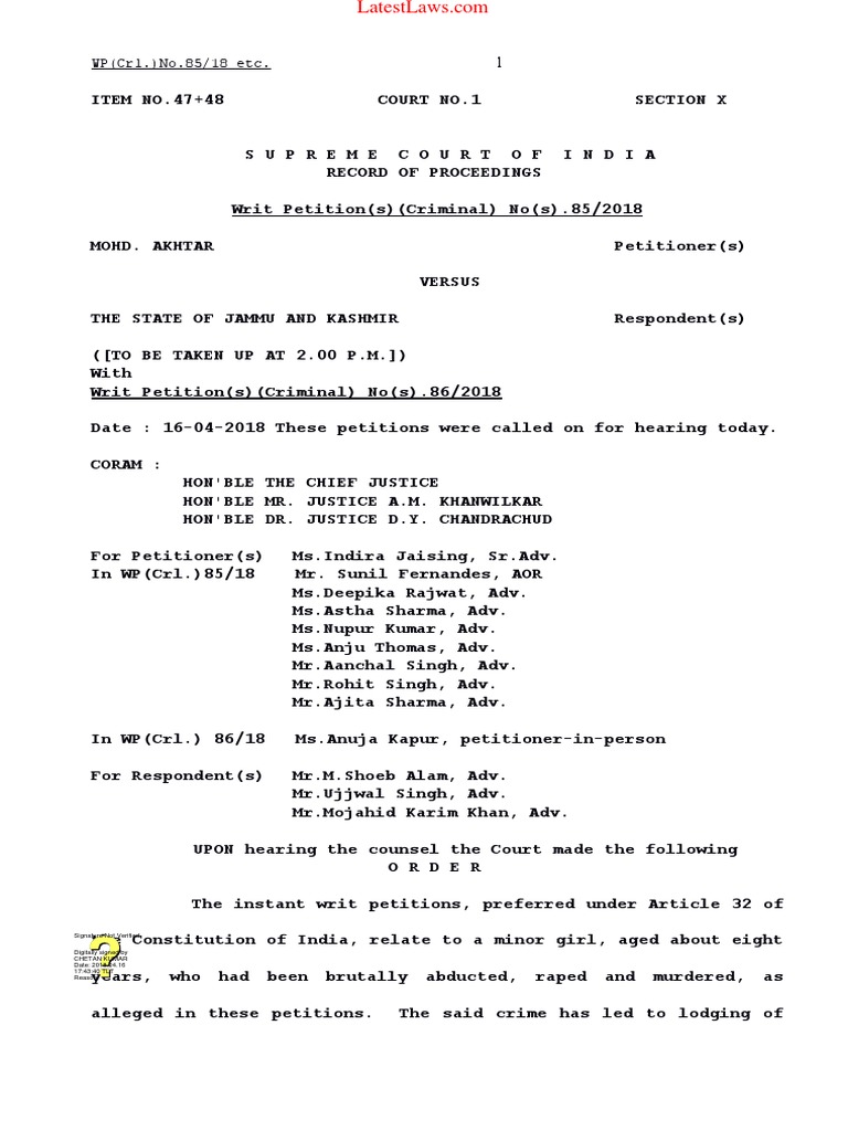 Supreme Court Order in Kathua Rape Case PDF Prosecutor Government
