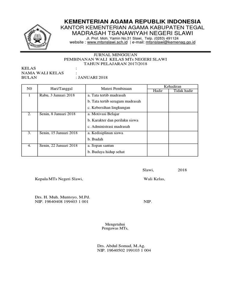 Jurnal Pembinaan Wali Kelas Mts Slawi Docx