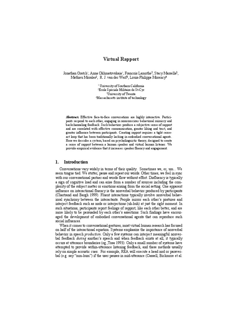 Virtual Rapport: Abstract. Effective Face-To-Face Conversations Are ...