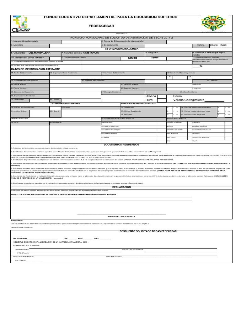 Solicitud de Beca Fedecesar 2017-2 | PDF | Educación avanzada