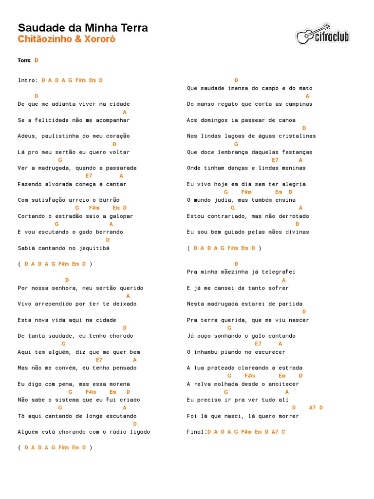 Cifra Club Chitaozinho Xororo Saudade Da Minha Terra Lazer Entretenimento Geral scribd