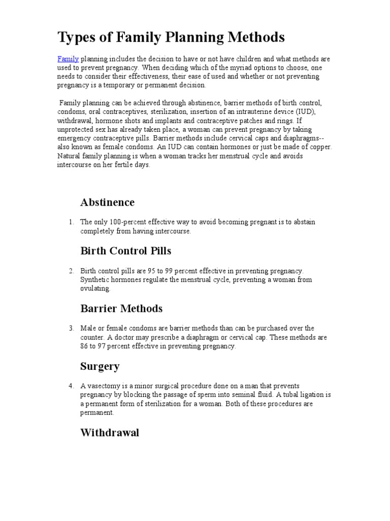 Types of Family Planning Methods PDF Birth Control Menstrual Cycle