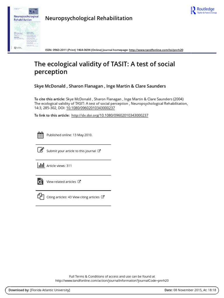 Ecological Validity of TASIT Test | PDF | Traumatic Brain Injury | Emotions