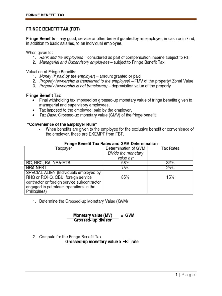 Fringe Benefit Tax (FBT) Fringe Benefits | PDF | Business | Finance ...