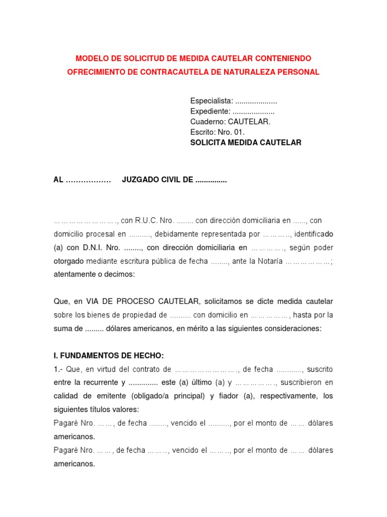  de Solicitud de Medida Cautelar Conteniendo Ofrecimiento de  Contracautela de Naturaleza | PDF | Mandato | Ley procesal