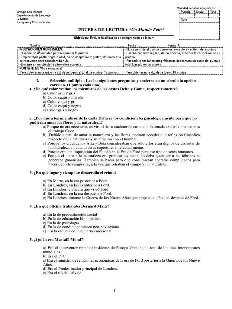 Prueba de lectura: Un Mundo Feliz | PDF | Felicidad | Dios