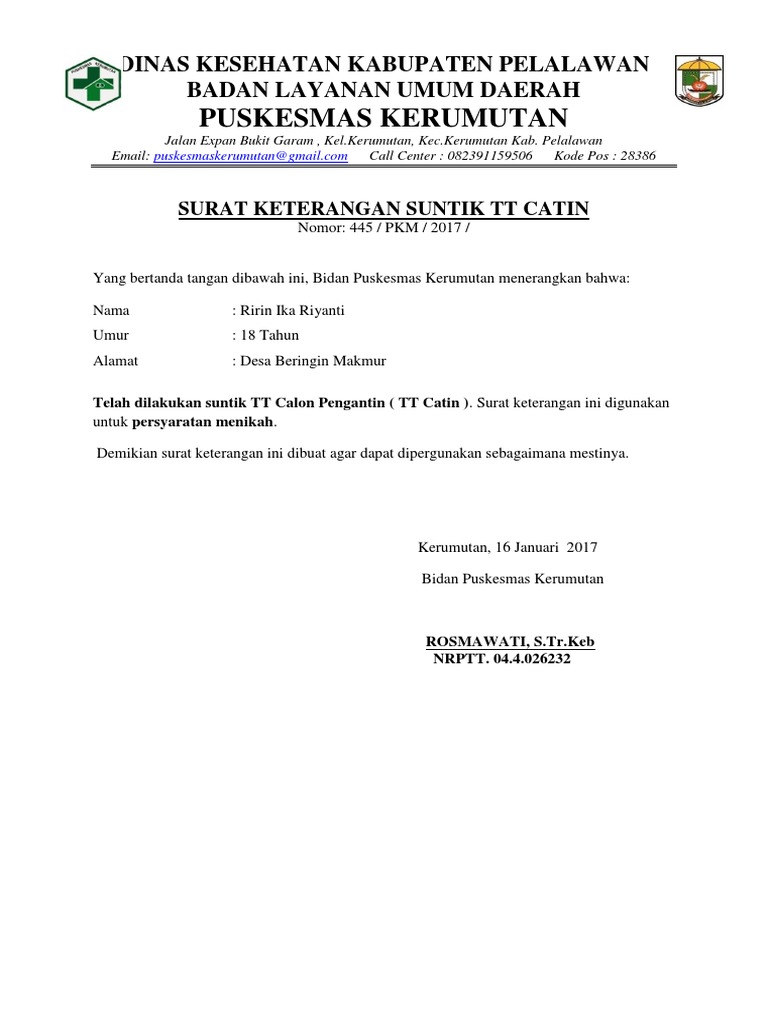 Surat Keterangan Suntik Tt Catin