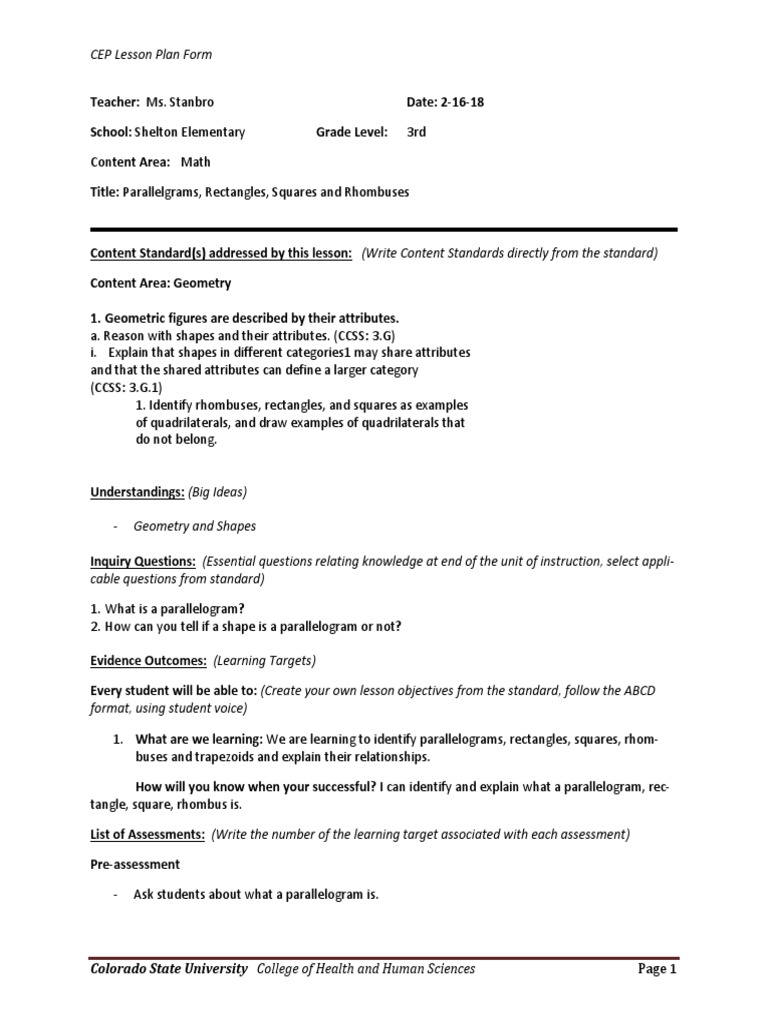 3rd Grade Geometry Lesson Plan | PDF | Rectangle | Shape
