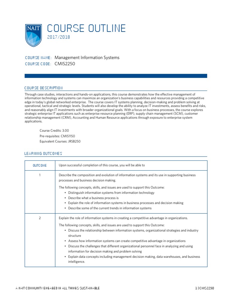 Course Outline CMIS2250 - 2017 | PDF | Enterprise Resource Planning ...