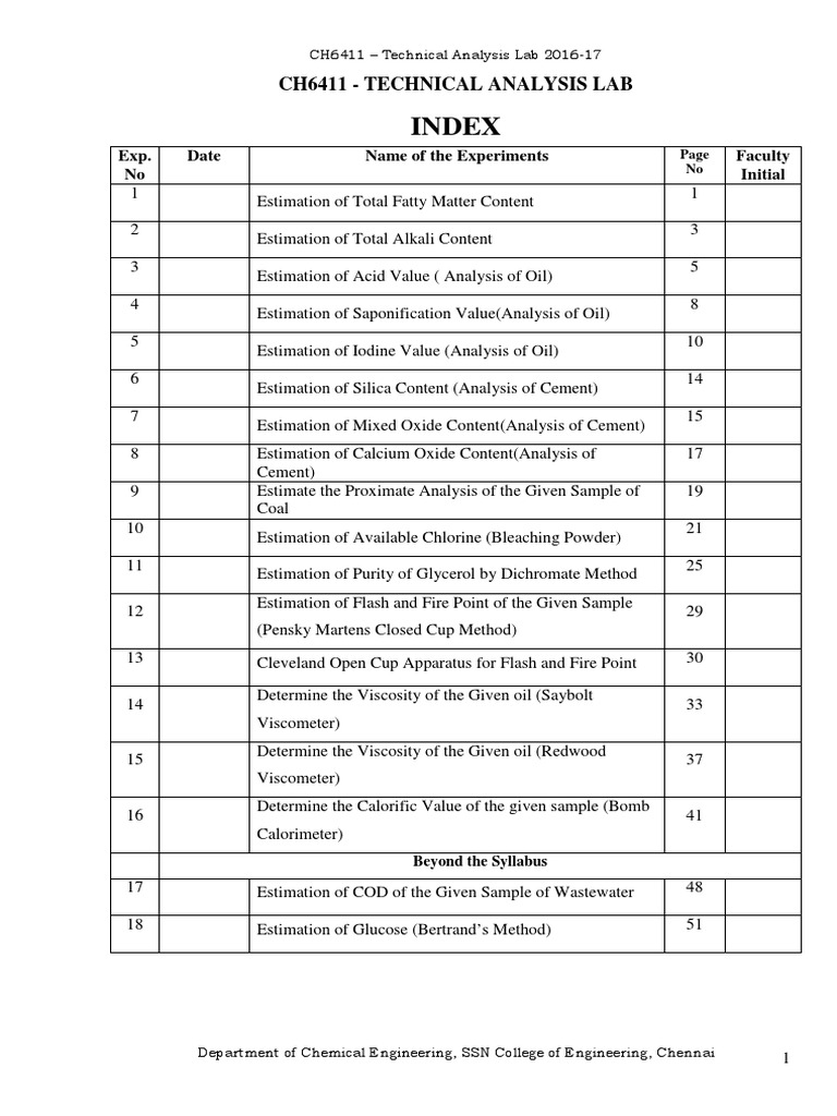 Technical Analysis Lab Manual 20162017 PDF Chlorine Titration