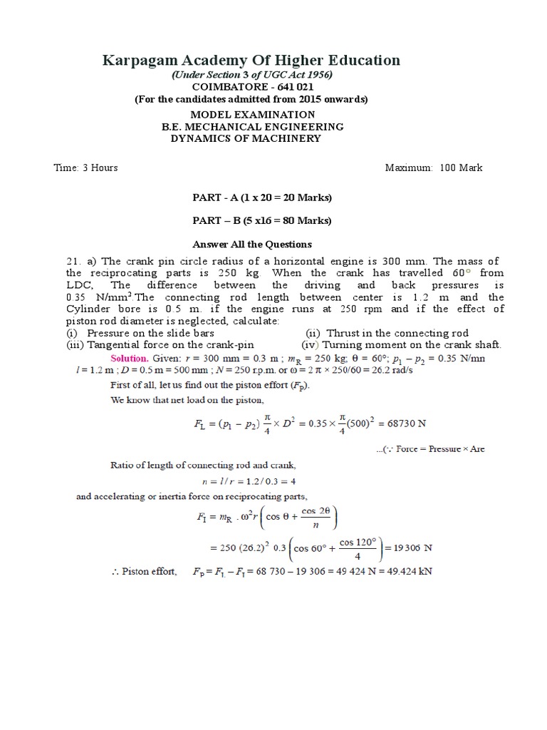 Dynamics of Machinery Questions and Answers PDF Torque Oscillation