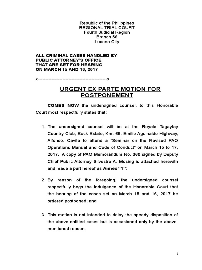 Motion For Postponement Hearing PDF Courts Government