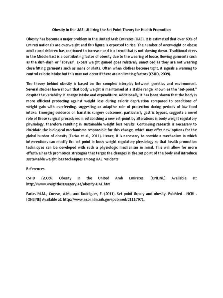 Obesity in The UAE Utilizing The Set Point Theory For Health Promotion