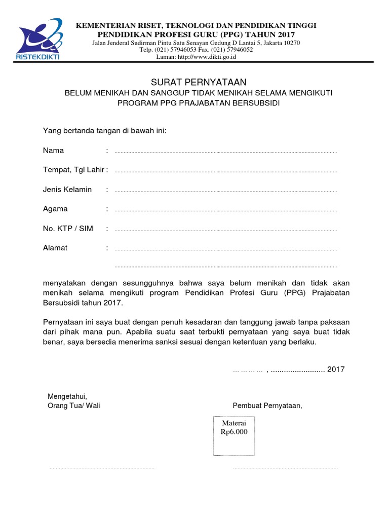 Contoh Surat Pernyataan Belum Menikah Dan Tidak Akan Menikah Selama Mengikuti Ppg Bersubsidi 2017 1