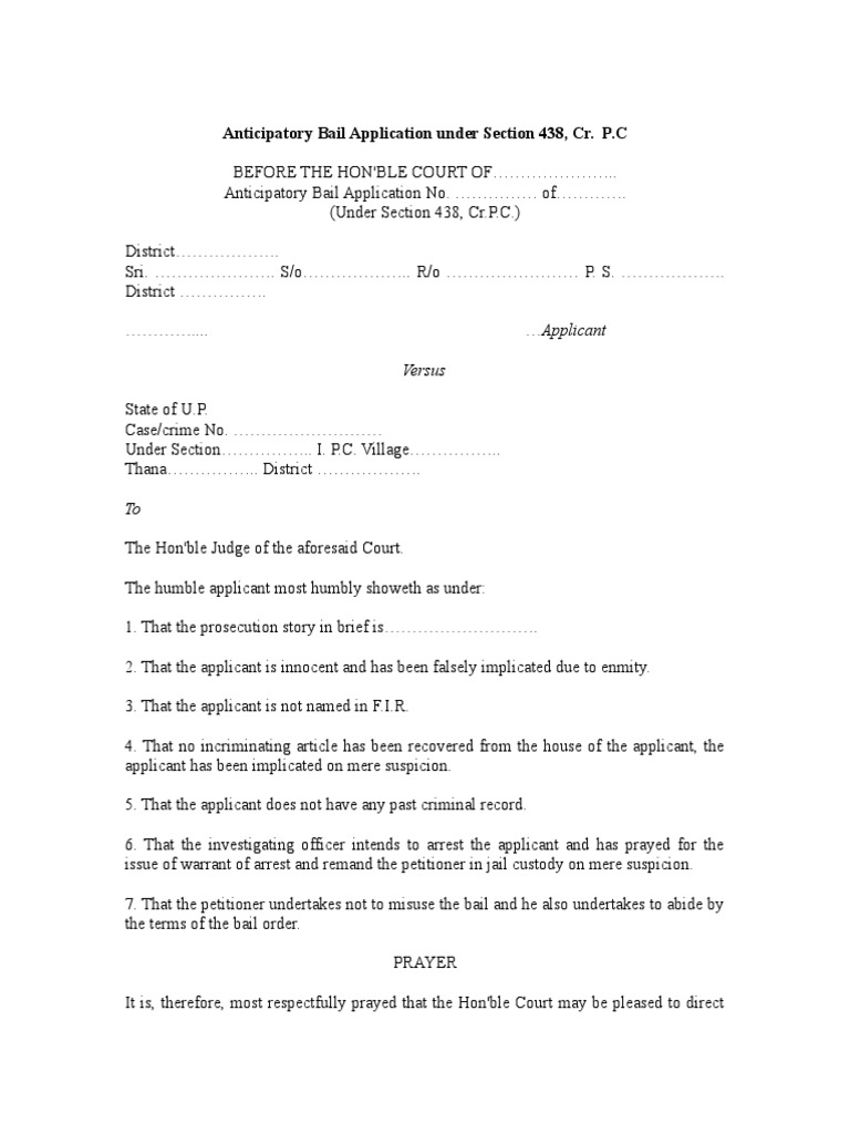 Anticipatory Bail Application Under Section 438, Cr. P.cdrafting