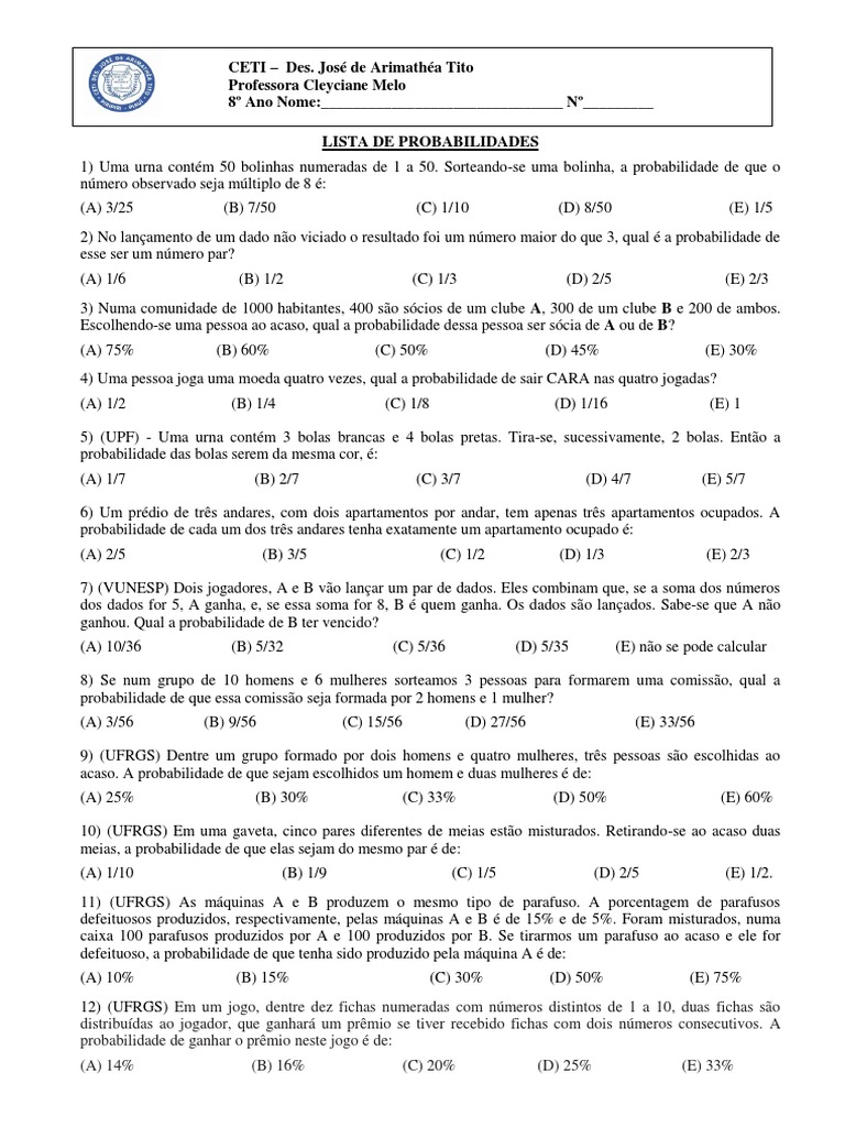 Lista de Exercícios de Probabilidade 8º Ano | PDF | Percentagem ...