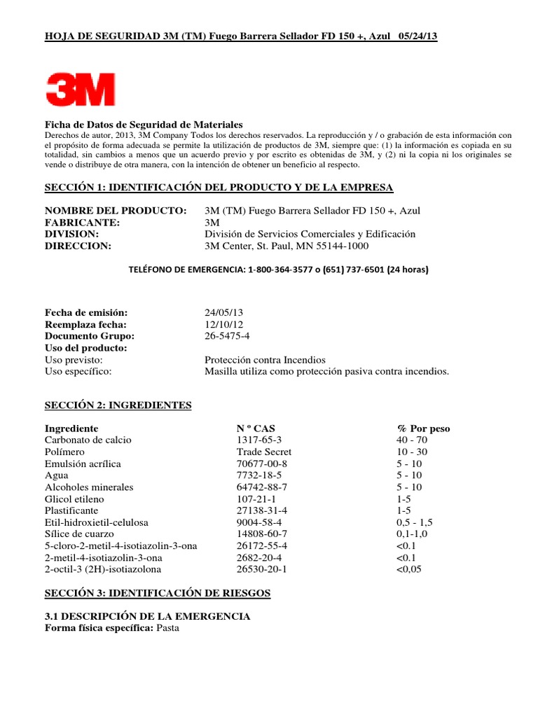 Ficha de Datos de Seguridad de Materiales 3m Residuos Toxicidad