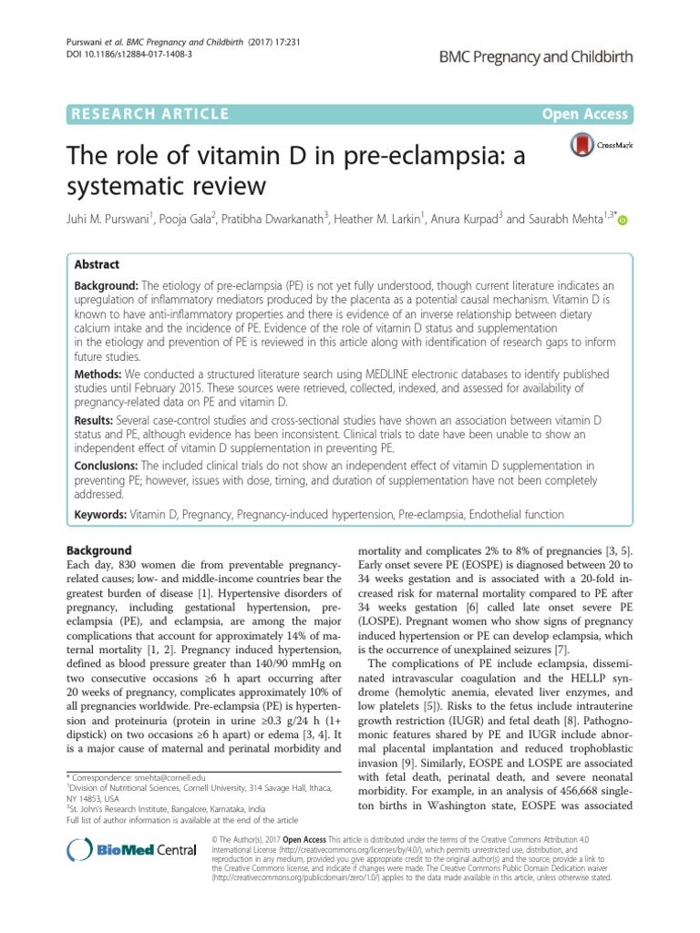 The Role of Vitamin D in PreEclampsia A Systematic Review Researcharticle Open Access PDF