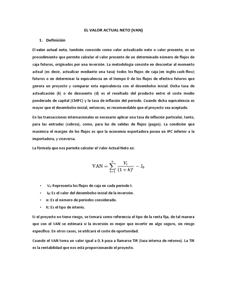 Fórmula y Cálculo del Valor Actual Neto | PDF | Valor presente neto ...