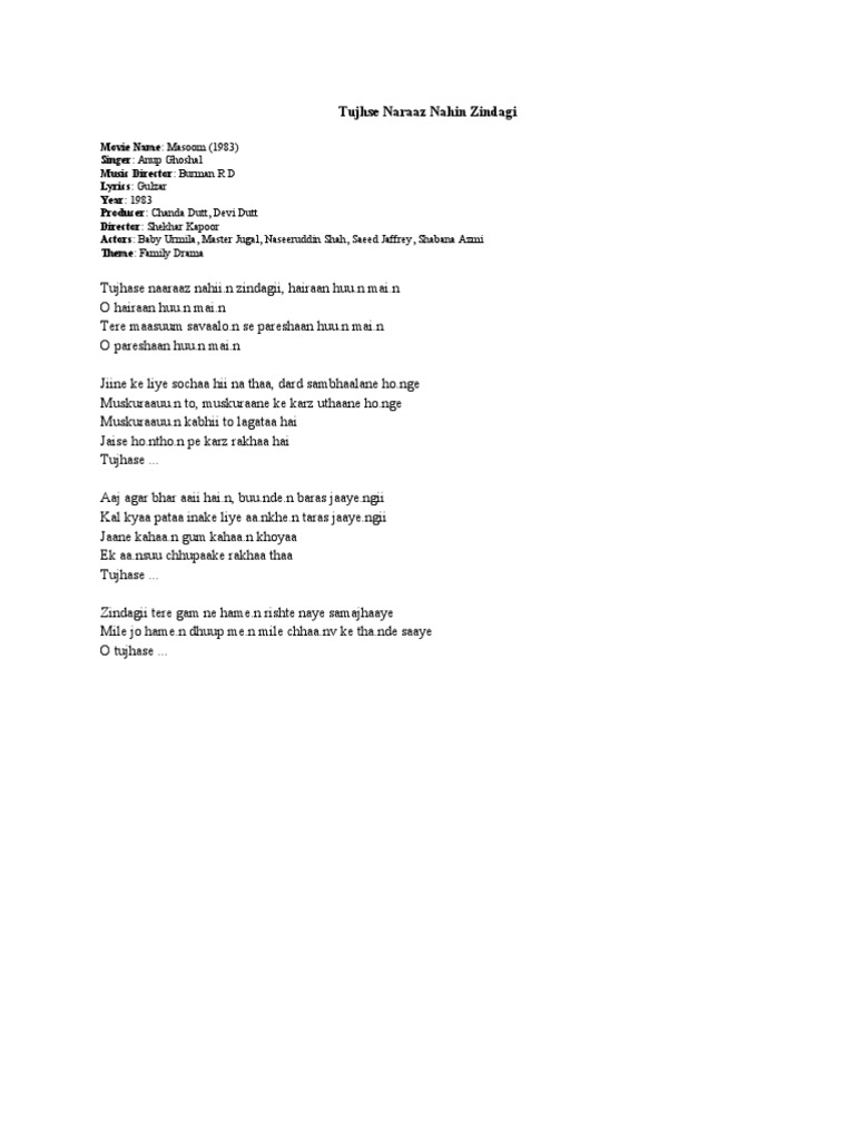 Tujhse Naraz Nahin Zindagi Lyrics | PDF | Art