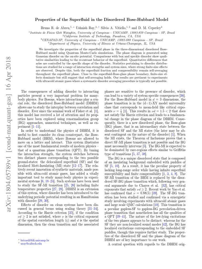 Properties of The Superfluid in The Disordered Bose-Hubbard Model | PDF ...