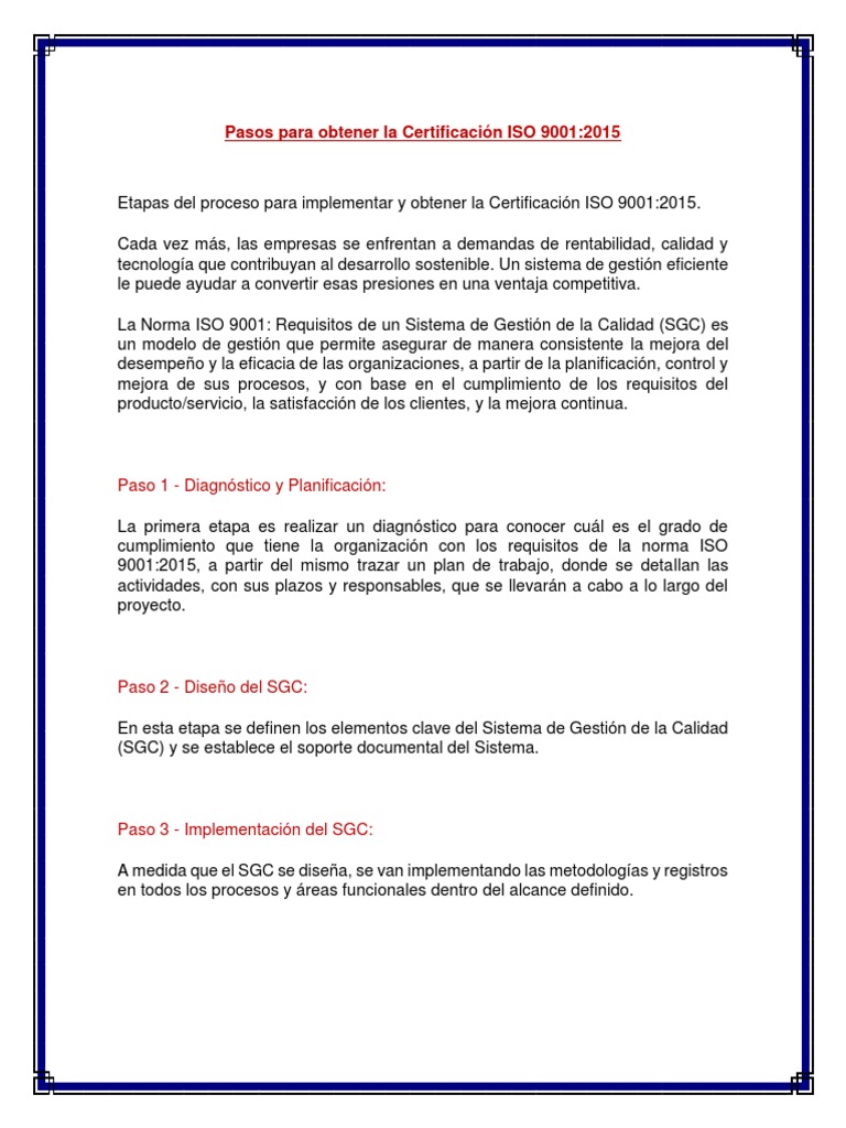Pasos para Certificación ISO 9001:2015 | PDF | Gestión de la calidad ...