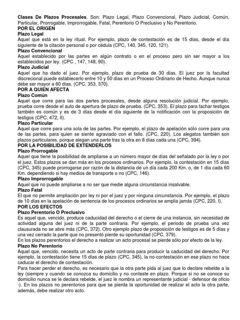 Clasificación de Plazos Procesales | PDF | Evidencia (ley) | Ley procesal