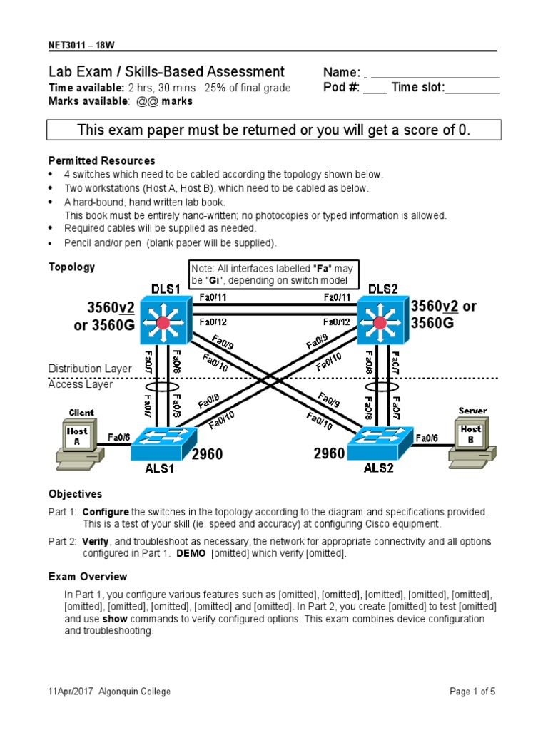 Lab Exam / Skills-Based Assessment: 3560v2 or 3560G 3560v2 or 3560G ...