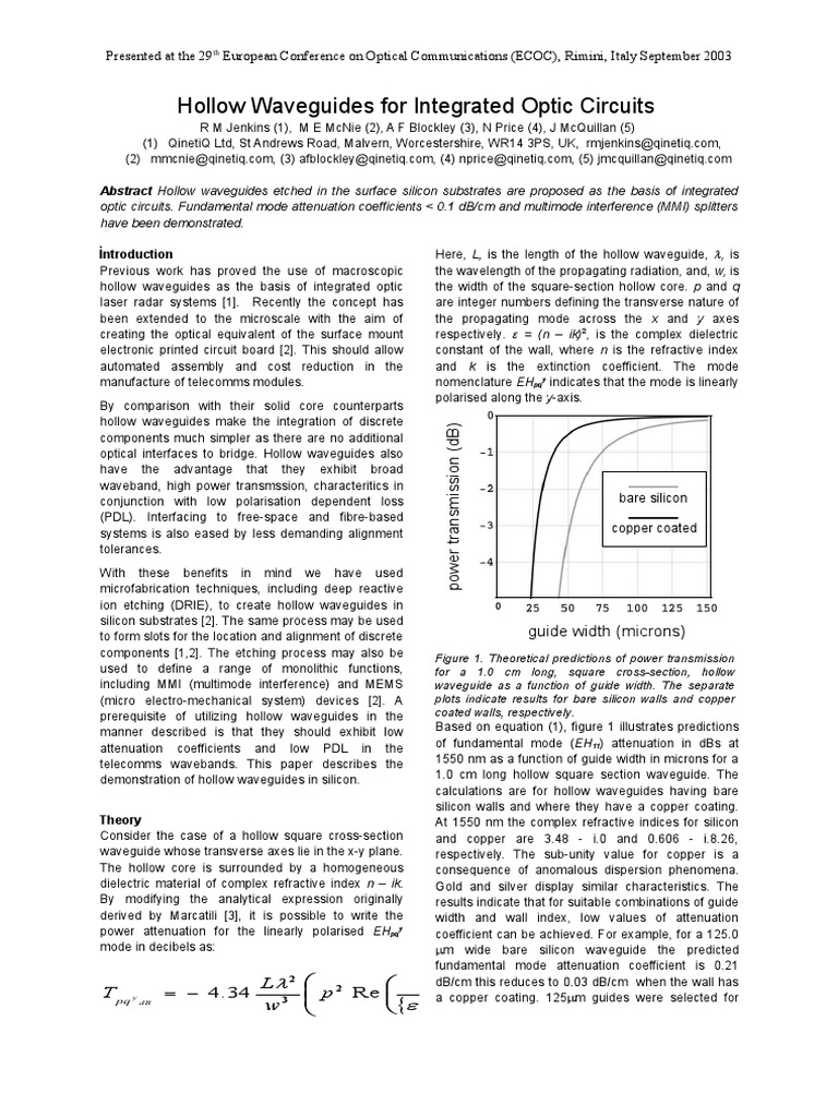 Hollow Waveguides for Optic Circuits | PDF | Waveguide | Optical Fiber
