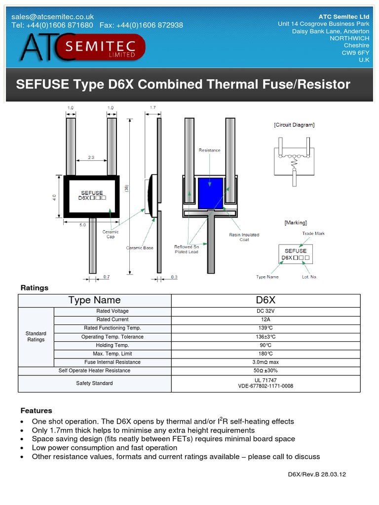 SEFUSE Type D6X Combined Thermal Fuse Resistor Spec Sheet PDF