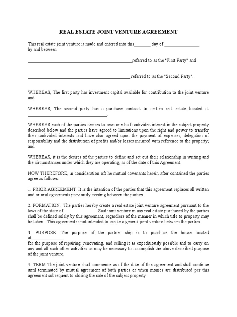 A Comprehensive Real Estate Joint Venture Agreement for the Purchase, Renovation and Sale of